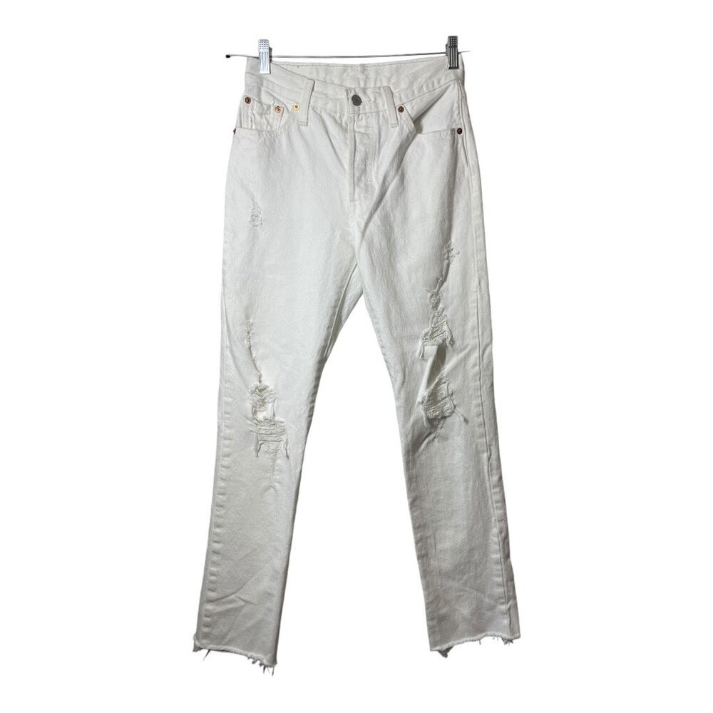 Levi's 501 Womens White Jeans Distressed Size 25 Button Fly Ripped Knee Fray Hem